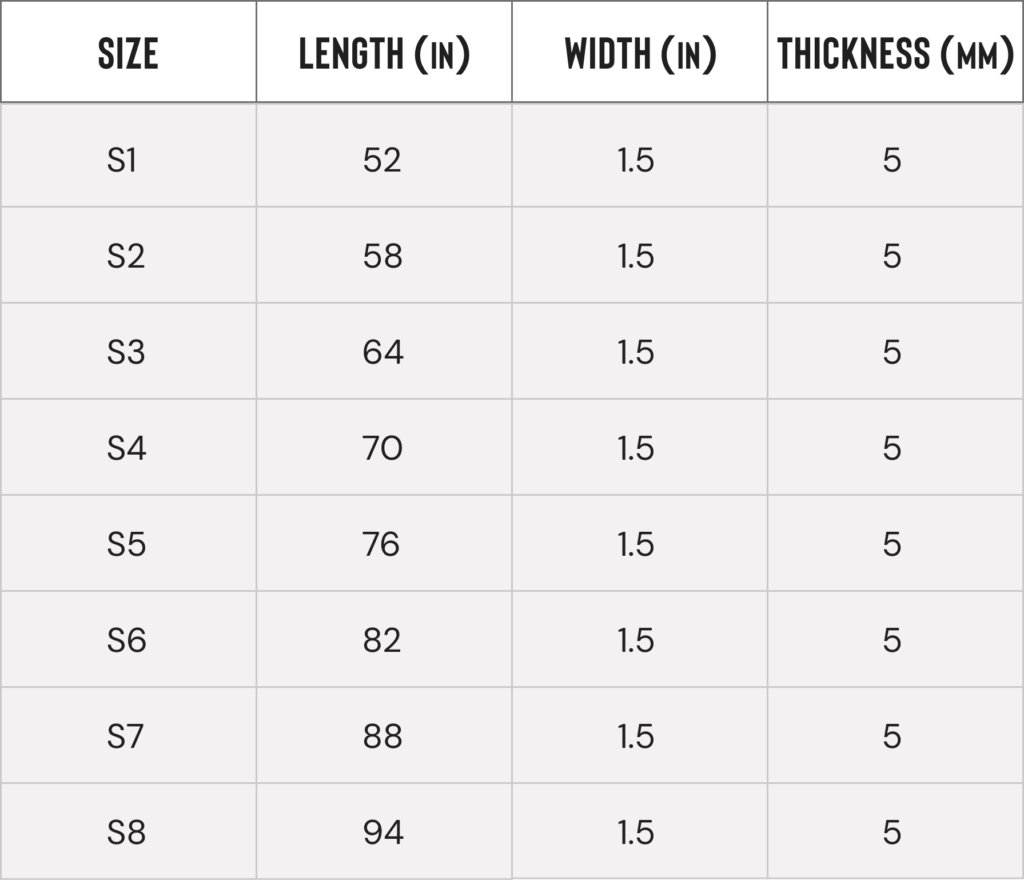 A chart describing the length and width of the different sizes. All sizes are 1.5 inches wide, and 5 milimeters thick. S1 is 42 inches long. S2 is 58 inches long. S3 is 64 inches long. S4 is 70 inches long. S5 is 76 inches long. S6 is 82 inches long. S7 is 88 inches long. S8 is 94 inches long.