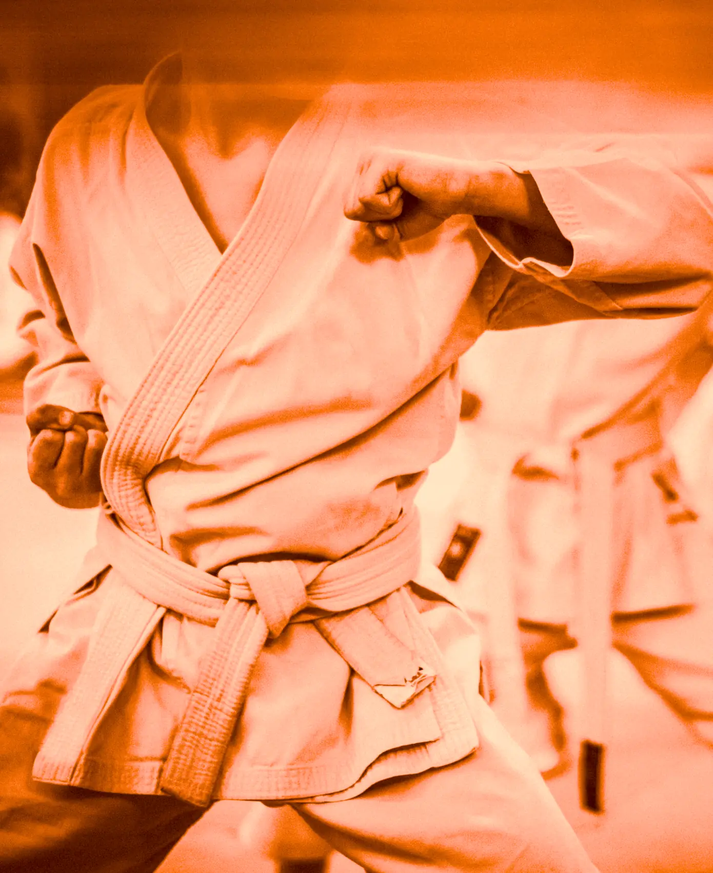 Martial arts students wearing a white martial arts, karate, or taekwondo gi and white belt